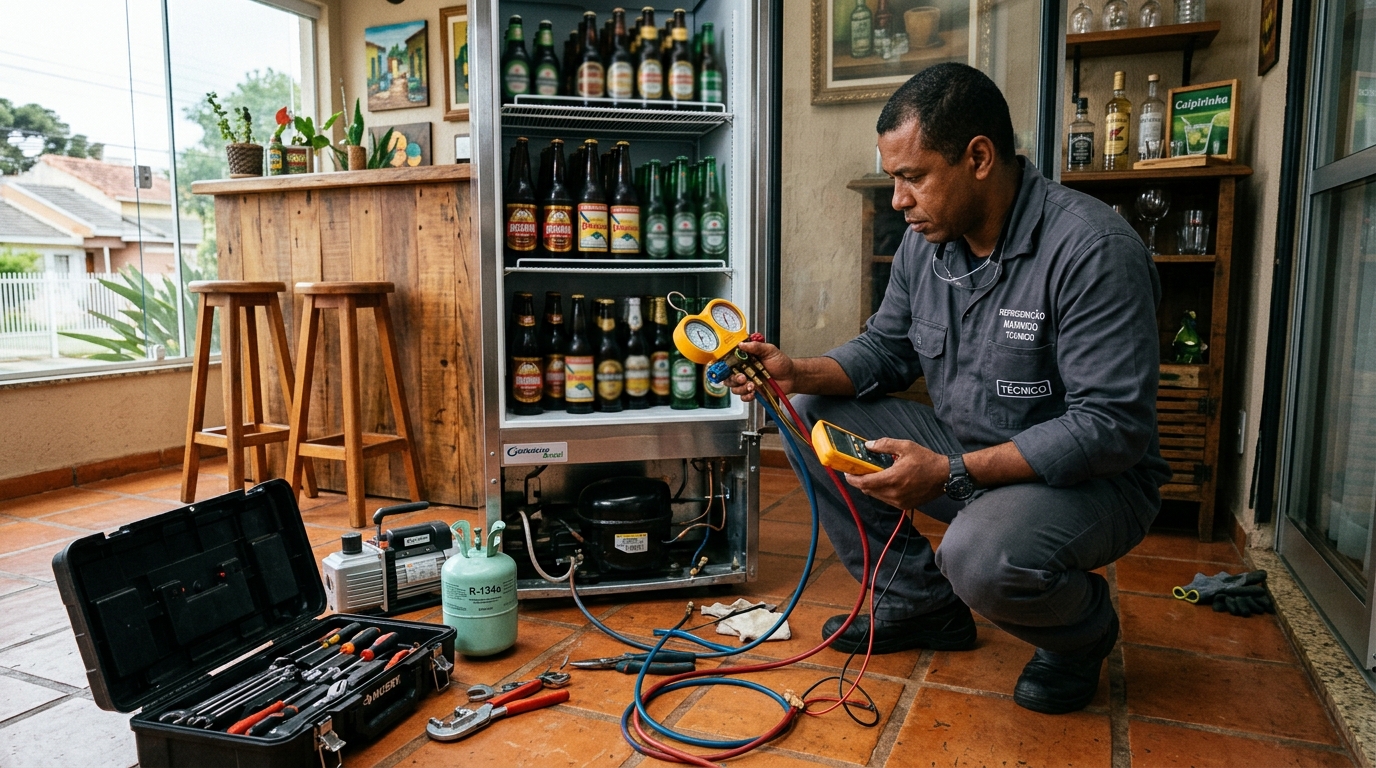 Profissional executando reparo no motor de cervejeira em Iputinga, Recife‑PE