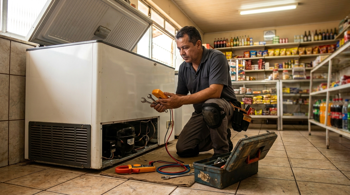 Profissional executando manutenção no motor de freezer em Recife‑PE