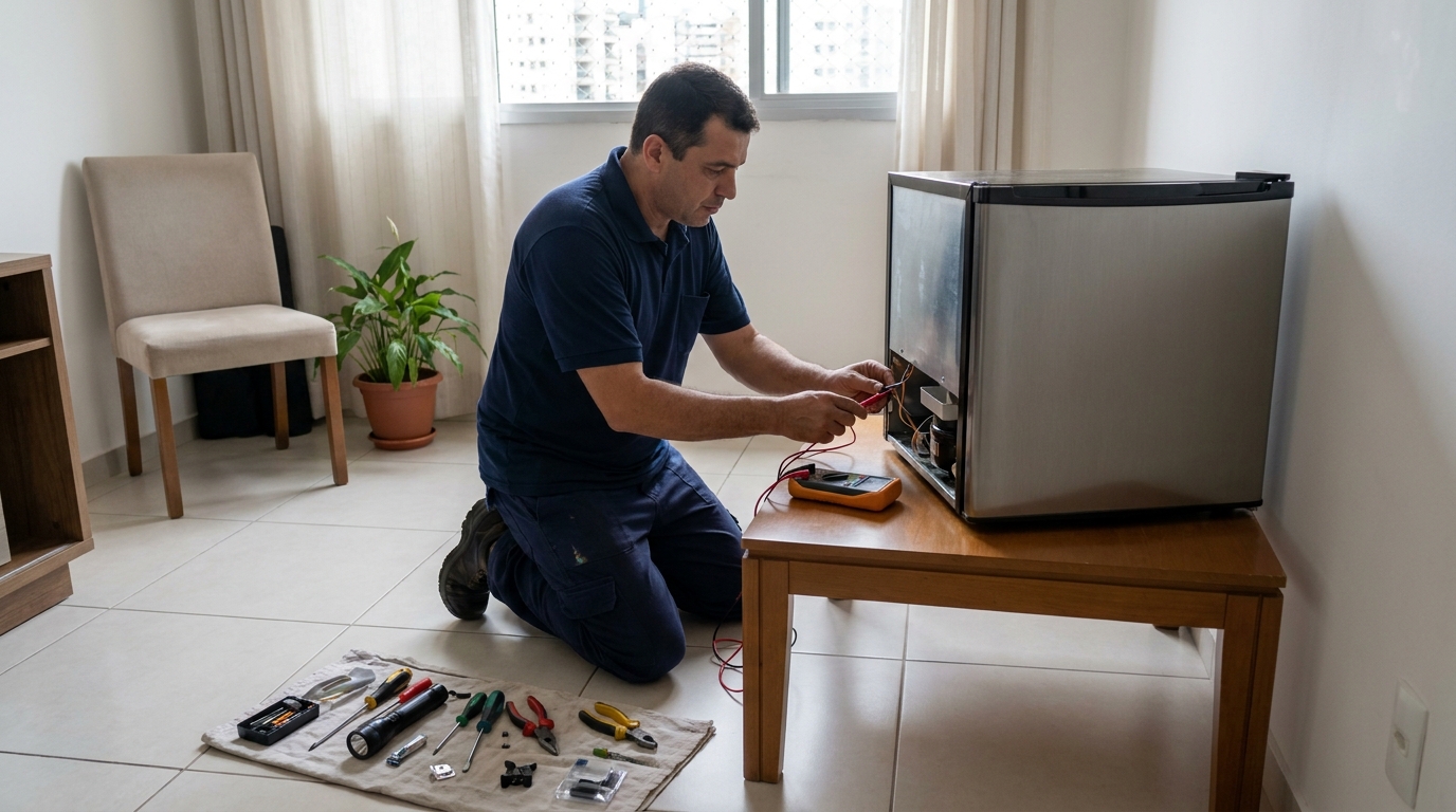 Técnico fazendo manutenção do motor de frigobar no Prado, Recife‑PE