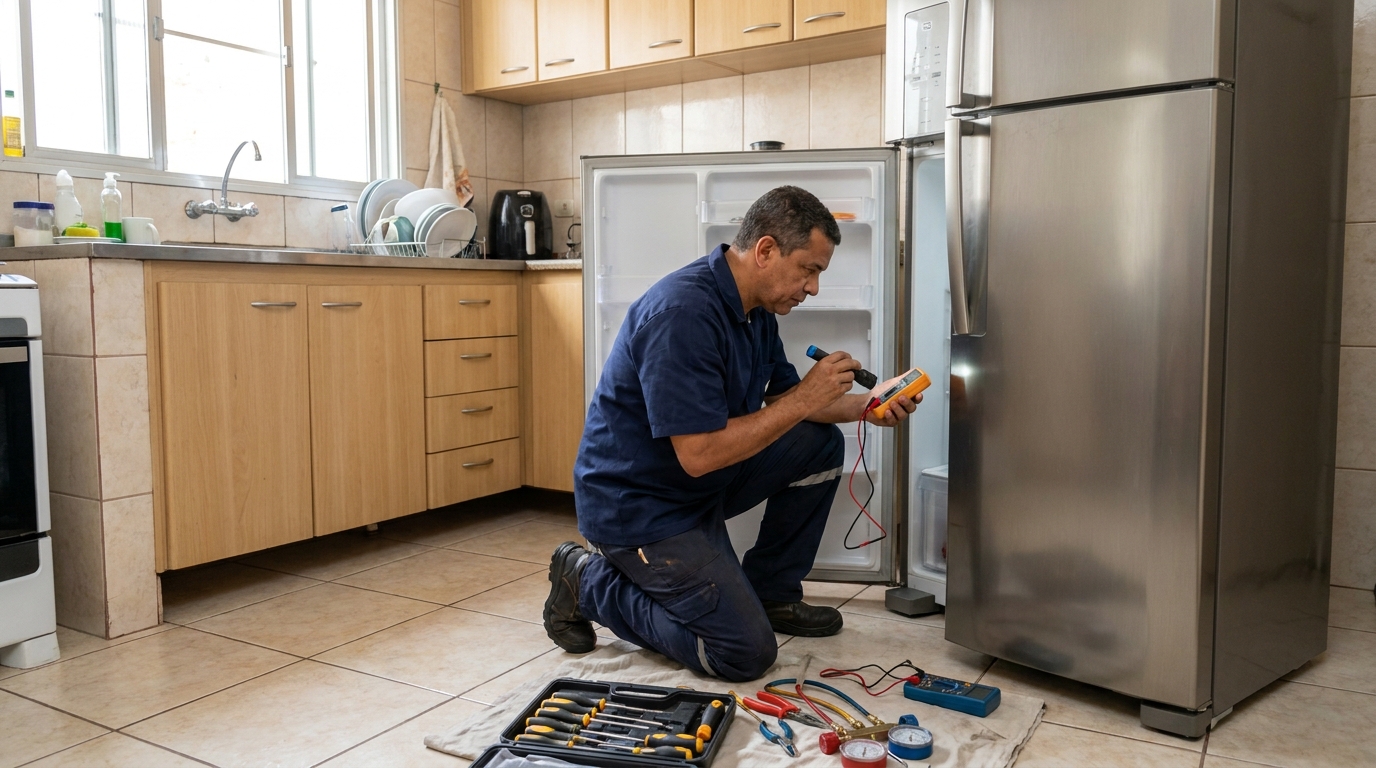 Técnico aplicando recarga de gás refrigerante em geladeira nas Graças, Recife‑PE